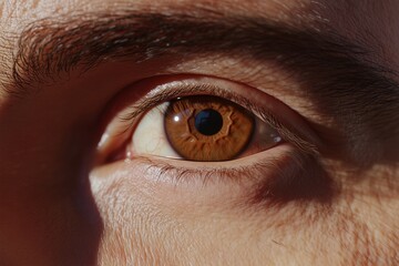 Detailed close-up of a mana??s warm honey-brown eye, with distinct veins and smooth gradients, captured in ultra HD