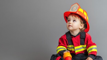 toddler dressed as a firefighter looking up