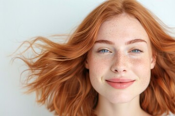 Fototapeta premium Red-haired woman with radiant smile, wavy hair blowing, freckles and natural makeup, close-up portrait, isolated on white background, youthful and vibrant beauty, minimalist concept.