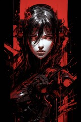 Dark Cyberpunk Stencil Artwork Created with AI: Silver and Red Manga Comic Drawing on Night Ukiyo Background