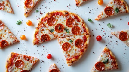 Pepperoni pizza with basil, tomatoes, spices on white background, overhead flat lay