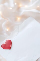 A romantic love letter, neatly folded and sealed with a wax stamp, soft-focus background