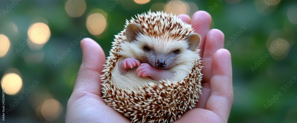Poster a baby hedgehog curls up within a human hand, showcasing its soft spines and tiny face. the gentle w