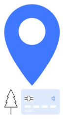 Blue map pin, tree, and credit card with contactless icon convey eco-friendly transactions, mobile payments, navigation, location targeting, green technology, and sustainability. Ideal for digital