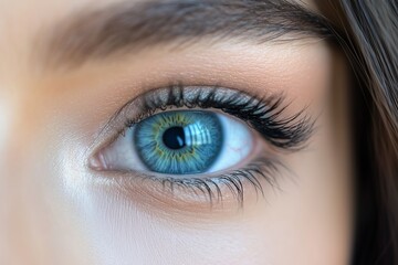 Fototapeta premium Detailed close-up of a womana??s soft aqua-blue eye, featuring gradient colors and intricate textures, captured in