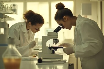 Two female scientists wearing lab coats and gloves are conducting research in a laboratory, one carefully preparing a sample while the other observes through a microscope