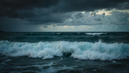 Stormy ocean waves crashing under heavy clouds, dramatic nature