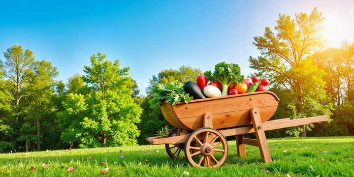 Wheelbarrow with Vegetables in Garden for Farm Blogs, Healthy Food Designs