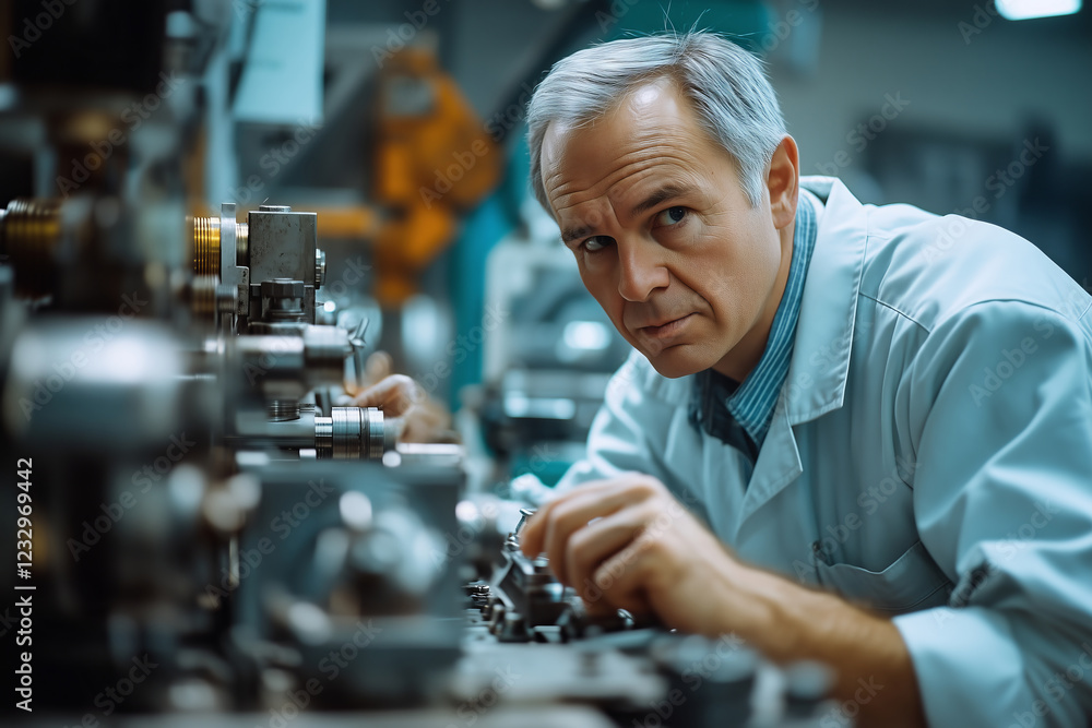 Poster skilled worker concentrates on precision machinery in a tech setting