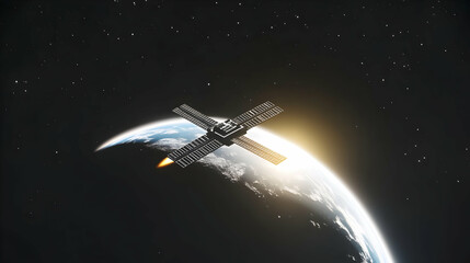 Obraz premium Satellite orbiting Earth, sunrise, space exploration.