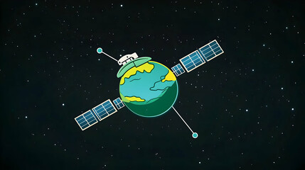 Naklejka premium Satellite orbiting Earth with a small spaceship.