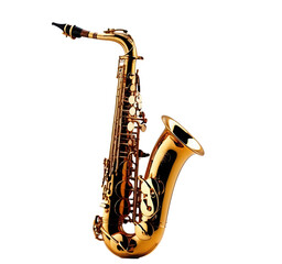 Naklejka premium Golden Saxophone Instrument on White Background isolated transparent background cutout