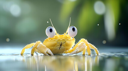 Fototapeta premium Cute Yellow Cartoon Crab on Reflective Surface