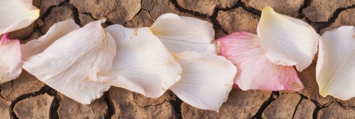Dried rose petals on cracked earth reflecting environmental themes