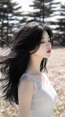 Fototapeta premium Woman with Flowing Hair in Serene Meadow Under Bright Sunlight