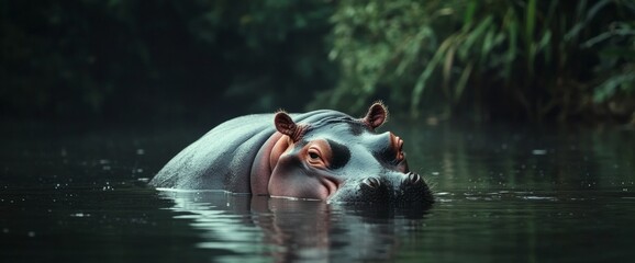 A baby hippo peacefully rests partially submerged in a calm river, enjoying the serenity of the water surrounded by vibrant vegetation under soft lighting