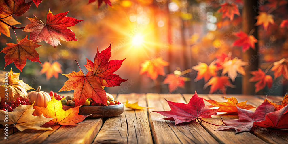 Poster vibrant red and orange leaves rest on a rustic wooden table, illuminated by the warm glow of sunligh