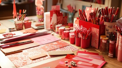 Obraz premium Valentine’s Day Craft Table with Red and Pink Supplies