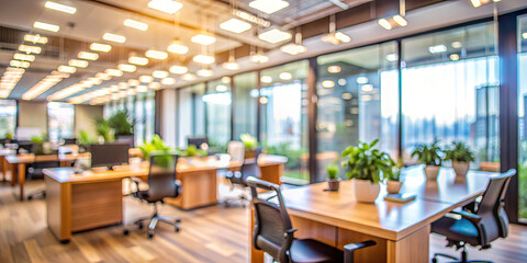 Fototapeta premium Bright and spacious office with large windows allowing natural light and numerous plants strategically placed on desks, enhancing the work environment for employees