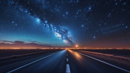 Open road under a starry night sky with city lights