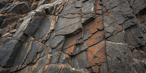 Rugged rock formations showcase intricate textures and patterns under natural daylight. Shades of gray and orange highlight the geological features, revealing the beauty of nature's design