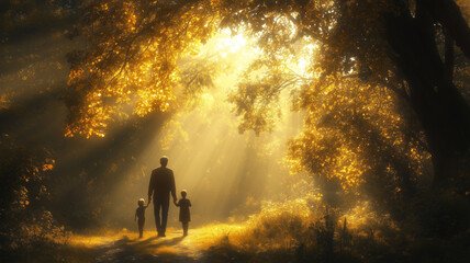 Fototapeta premium Warm embrace of sunlight as a family strolls through a tranquil forest