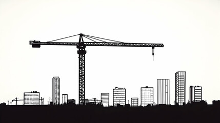 Silhouette of a construction crane against a city skyline.