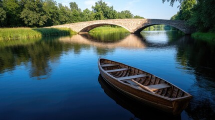 Naklejka premium Rowboat on tranquil river, stone bridge background, summer day, peaceful scene, ideal for travel brochures