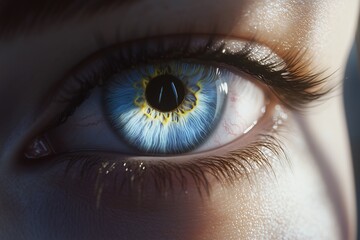 Naklejka premium Detailed close-up of a womana??s soft pastel blue eye, highlighting delicate textures and subtle reflections within the iris, captured in