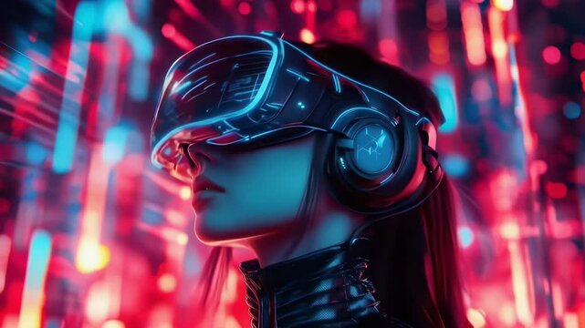 A bright cyberpunk scene where a girl looks into virtual reality glasses