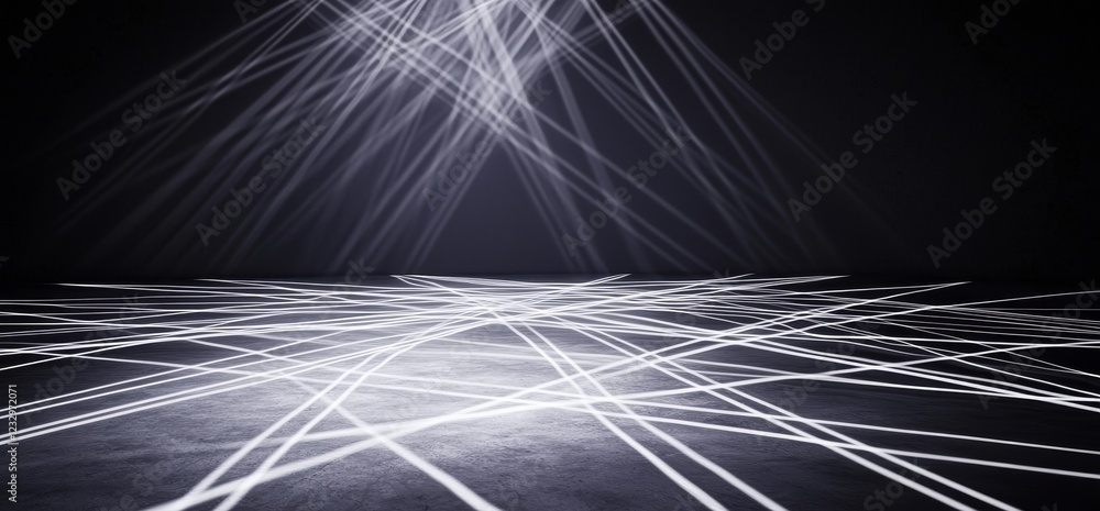 Poster futuristic sci fi triangle white neon tube lights glowing in concrete floor room with refelctions em