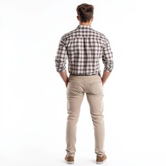 Fototapeta premium man wearing a checkered shirt and khaki pants, back view