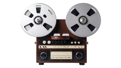 Vintage reel-to-reel tape recorder with wooden casing and metal reels isolated transparent background cutout