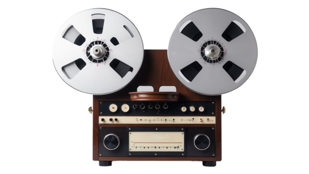 Vintage reel-to-reel tape recorder with wooden casing and metal reels isolated transparent background cutout
