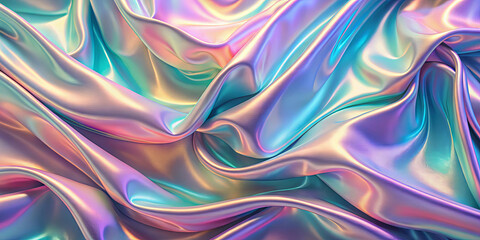 Obraz premium Wavy folds of iridescent fabric reflect a spectrum of colors in soft pastel shades. The smooth surface catches light, creating a mesmerizing visual effect that enchants the viewer