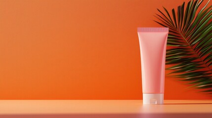 Pink Cream Tube on Orange Background with Tropical Leaf Accent