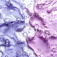 Purple and lilac liquids swirling, bubbles, glitter on white, beauty product