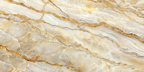Naklejka premium Polished natural stone features a blend of soft cream tones and striking golden veining. Ideal for countertops, flooring, or wall accents in modern interiors