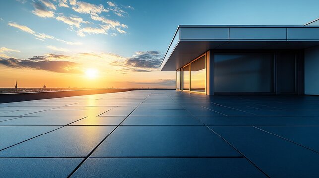 Modern rooftop terrace with sunset view over city skyline, showcasing sleek architecture