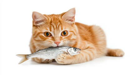 Orange Cat Holding Fish in Its Mouth on White Background