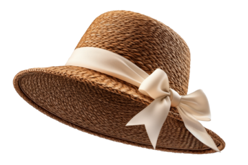 Elegant woven straw hat with a white ribbon bow, isolated on a transparent background. Close-up of a stylish summer accessory, ideal for fashion, travel, or vacation themes.
