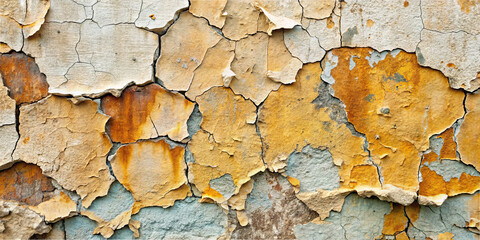 Fototapeta premium The wall displays vibrant colors of orange, yellow, and blue, with large patches of paint peeling away, showcasing the texture and age of the structure