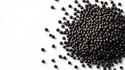 Top View of Organic Black Mustard Seeds, isolated on White Background. Food Wallpaper of a Pile of Aromatic Spices.