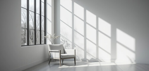 Obraz premium A spacious room features large windows that allow natural light to stream in, casting striking shadows on the floor. Simple chairs complement the serene atmosphere