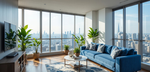 Fototapeta premium The bright living room features a blue sofa and large windows showcasing an expansive city skyline bathed in sunlight. Indoor plants add a touch of greenery to the space