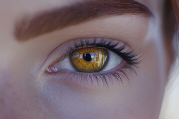 Obraz premium Detailed close-up of a womana??s vivid golden-yellow eye, showcasing bright highlights and rich iris textures, captured in ultra HD