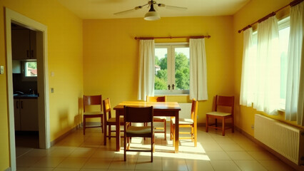 Fototapeta premium Dining Room with Bright Yellow Walls, Vintage Wooden Seating, and a Fan Ceiling Light