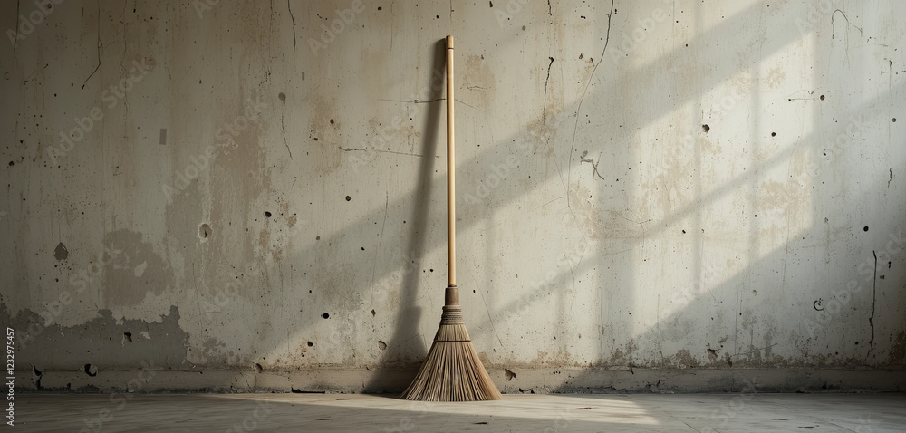 Poster a broom leans against a textured, peeling wall, illuminated by soft sunlight filtering through a win