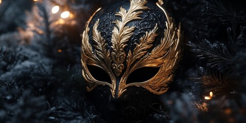A luxurious black and gold masquerade mask with ornate designs and feathers, highlighting elegance and mystery.