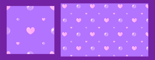 Seamless purple pattern with pink hearts and bubbles. Cute and romantic design for Valentine's Day, weddings, greeting cards, wrapping paper, and textiles. High-quality vector illustration.